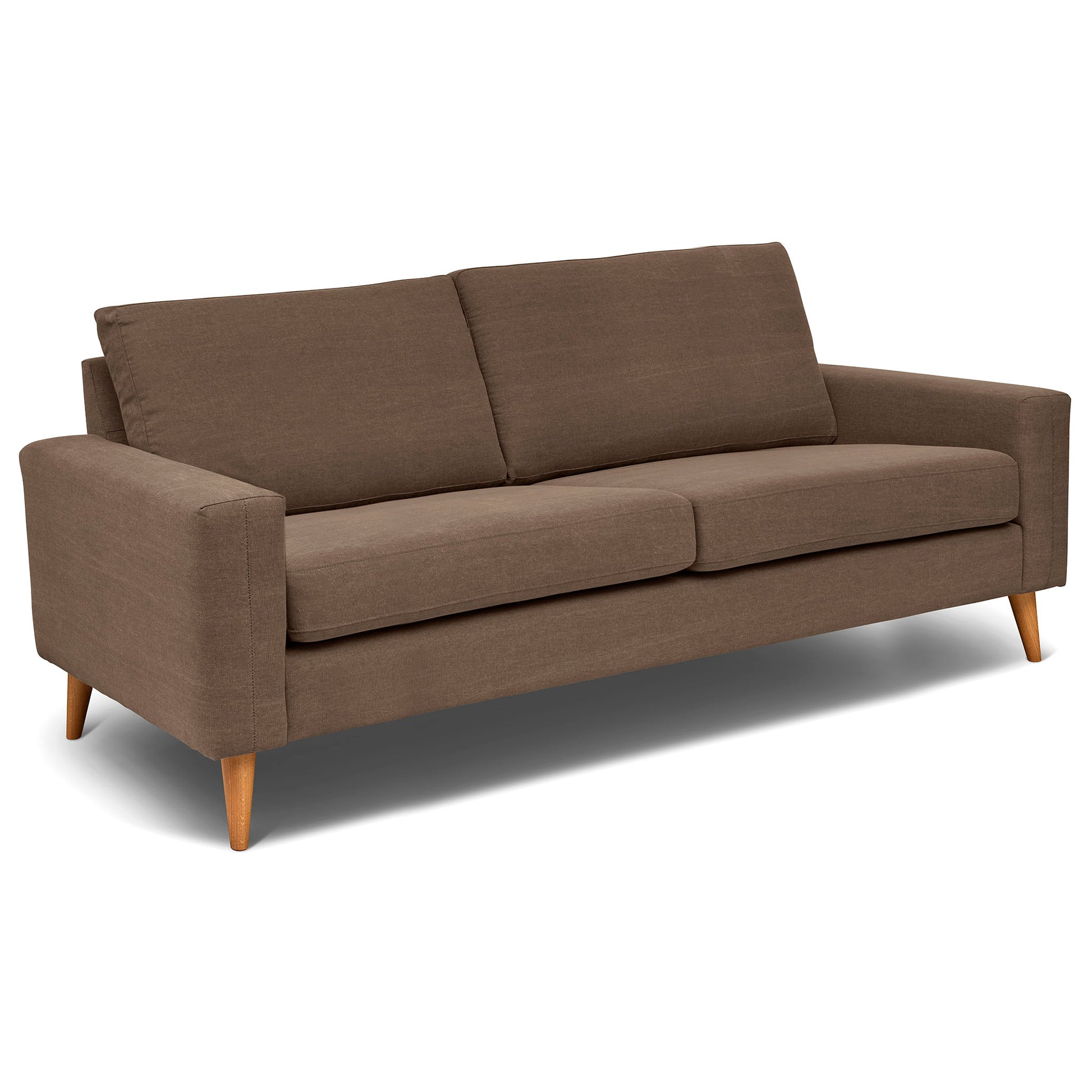 3 sits soffa som är sittvänlig för äldre i brunt tyg, 219 cm bred