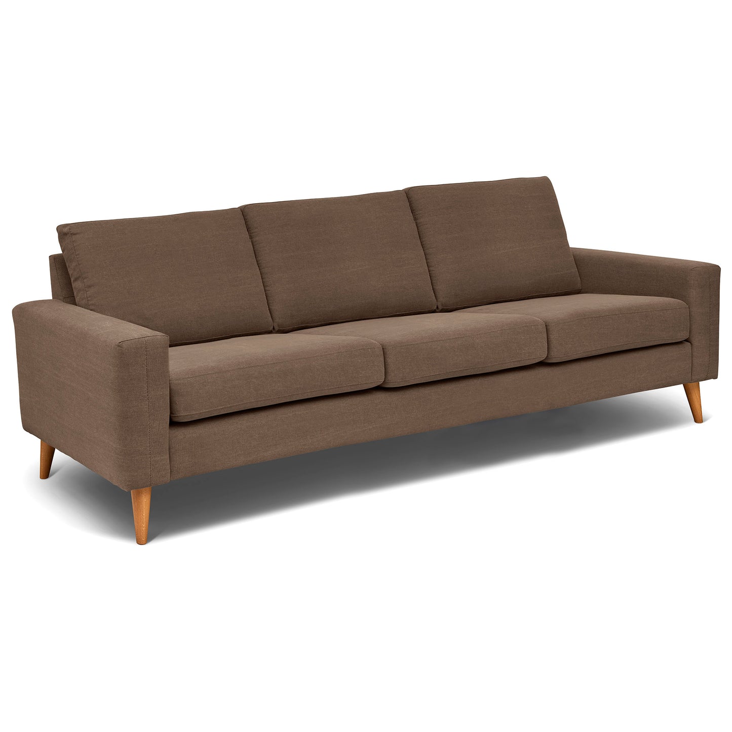 4 sits soffa som är sittvänlig för äldre i brunt tyg, 258 cm bred