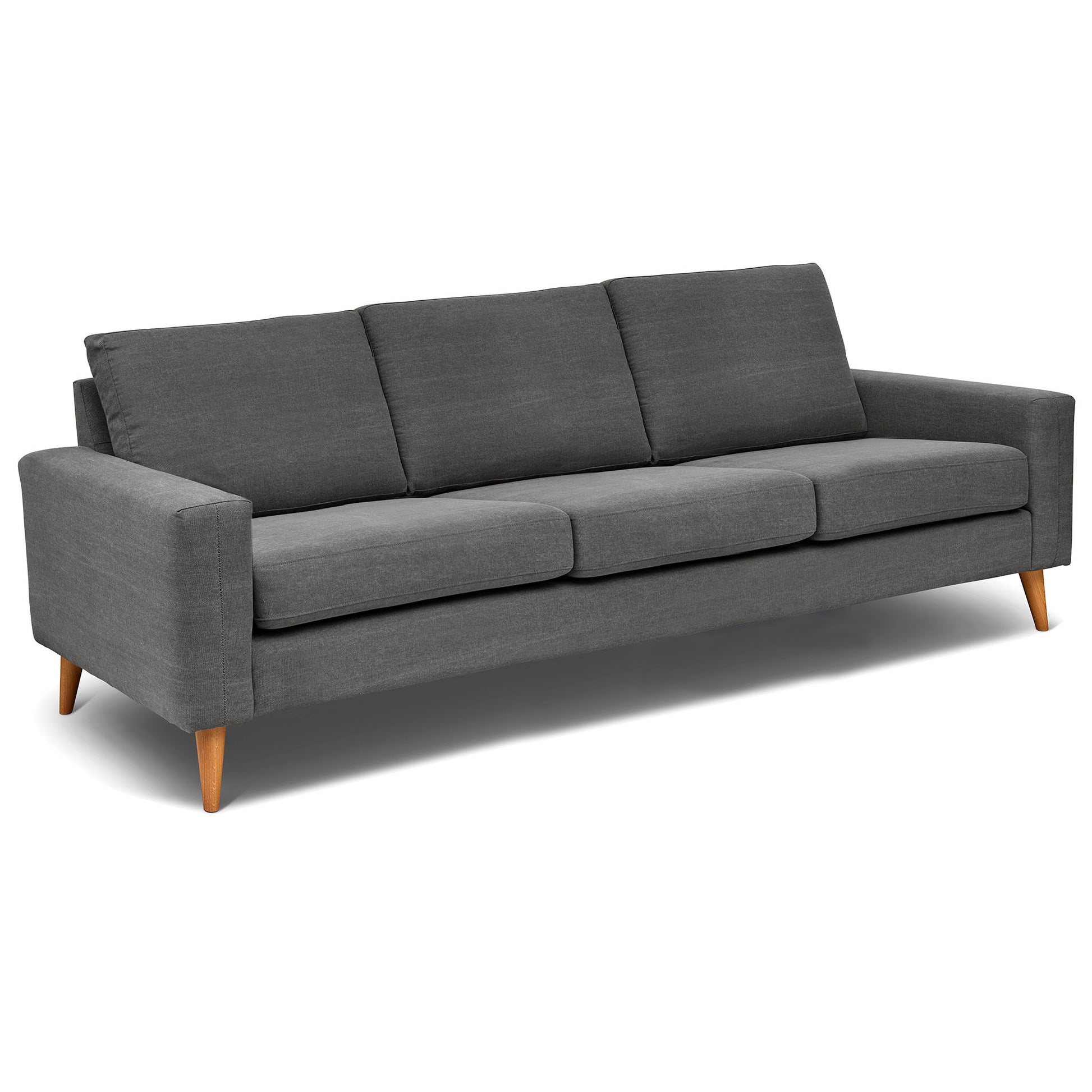 4 sits soffa som är sittvänlig för äldre i grått tyg, 258 cm bred
