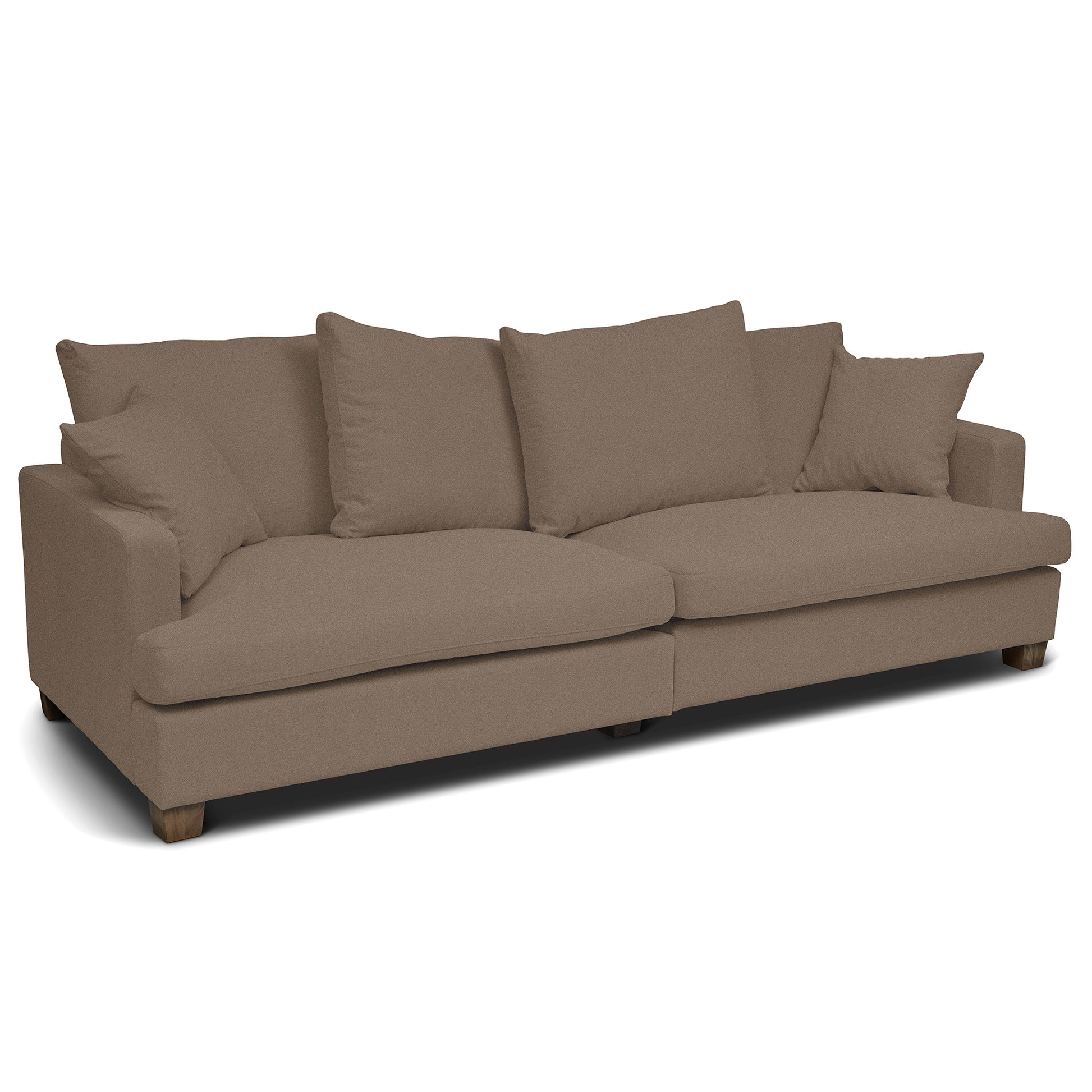 Djup brun soffa i två delar. Stor soffa i linnetyg