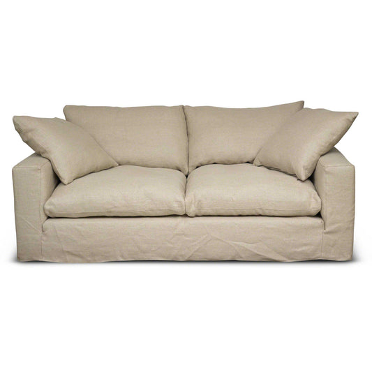 Stor, djup 3-sits soffa med kappa i beige linnetyg